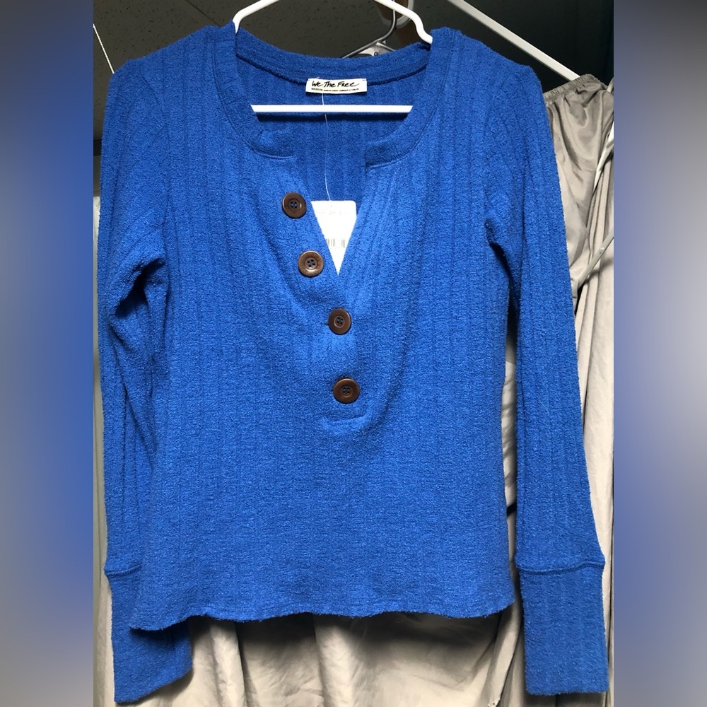 NWT-FREE PEOPLE Womens Blue Button Up Long Sleeve V Neck Sweater Size: M